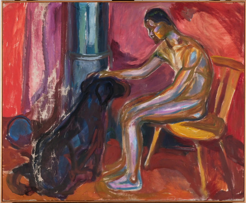 Nackter Mann sitzt mit einem Hund - Edvard Munch