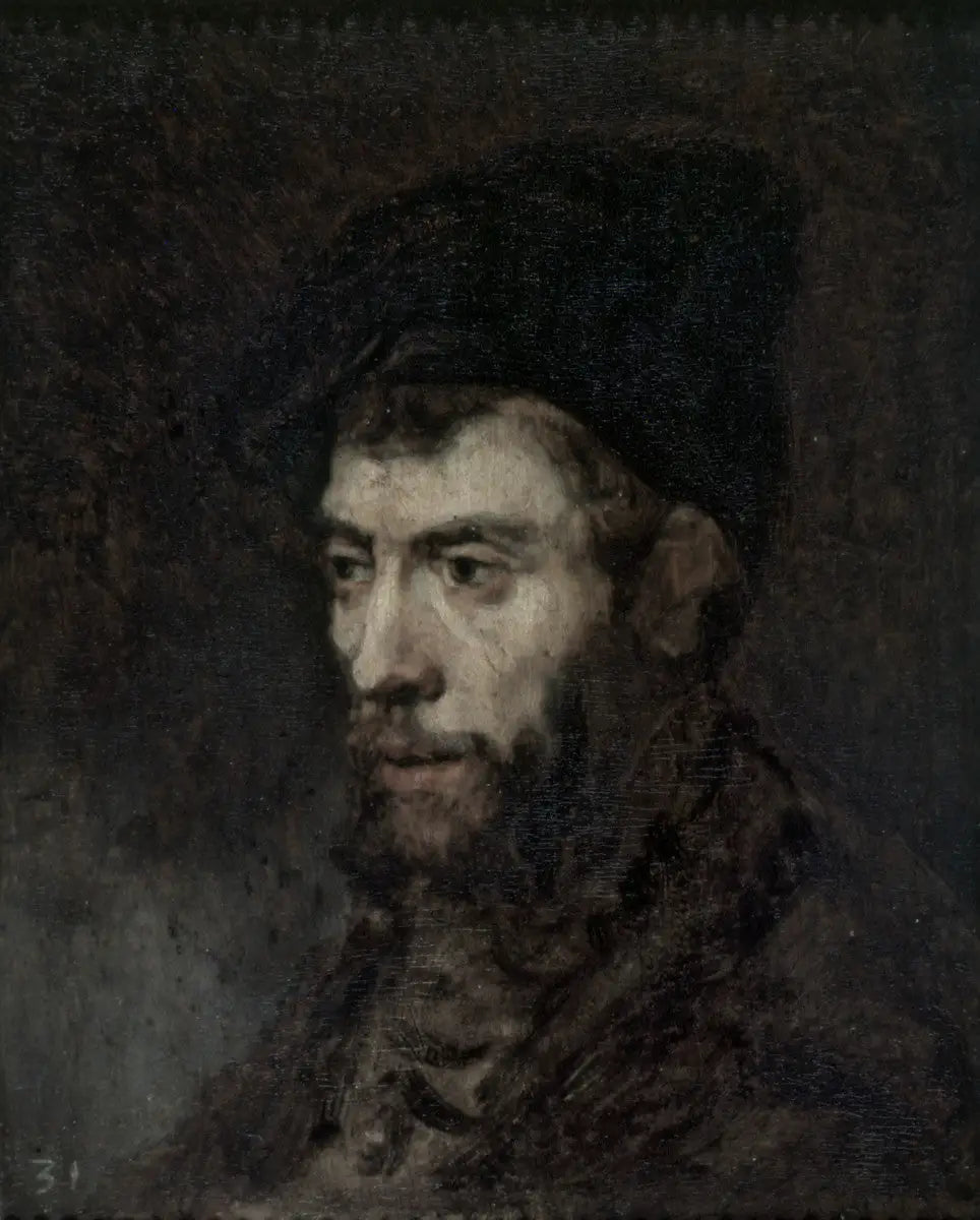 Homme portant un béret regardant vers la gauche - Rembrandt image 1 copie de tableau peinte à la main