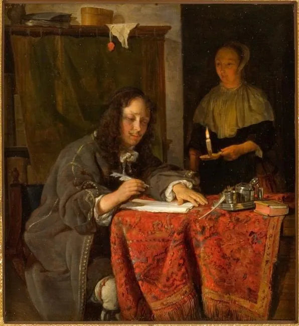 Homme, une plume à la main et une servante - Gabriel Metsu image 1 copie de tableau peinte à la main