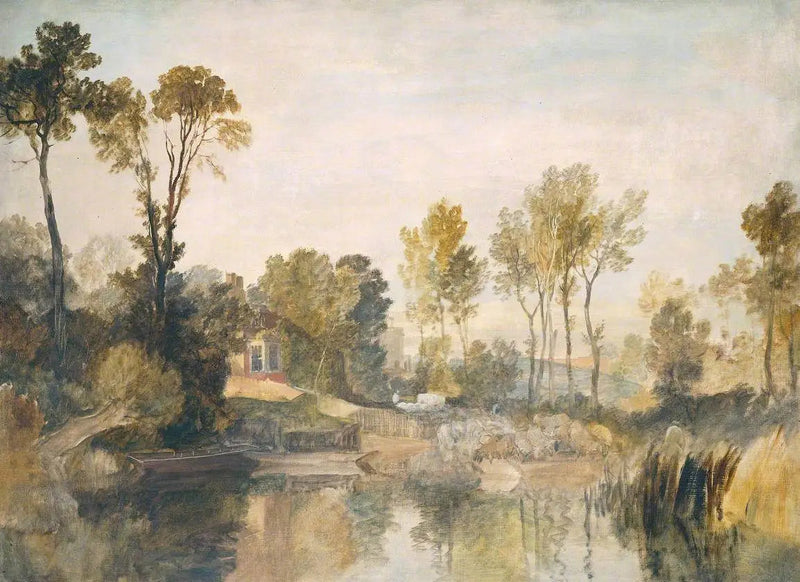 Haus neben dem Fluss, mit Bäumen und Schafen - J. M. W. Turner