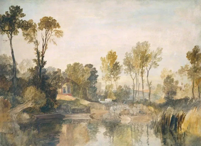 Haus neben dem Fluss, mit Bäumen und Schafen - J. M. W. Turner