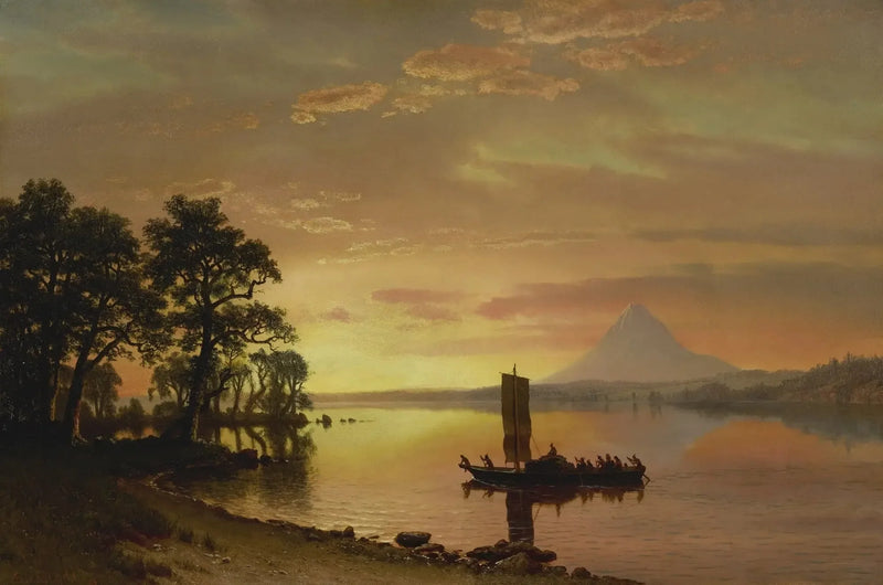 Indigenen, die den Columbia-Fluss überqueren [mit dem Mount Hood im Hintergrund] - Albert Bierstadt
