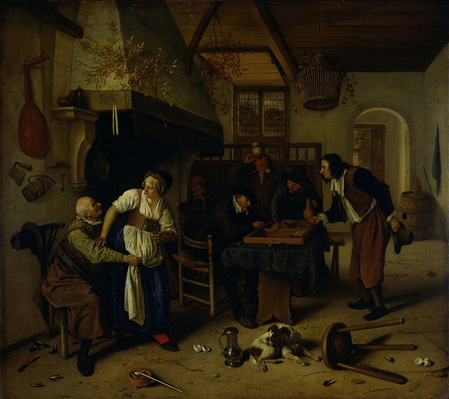 Intérieur de l'auberge avec un vieil homme s'amusant avec la propriétaire et des joueurs de friandises, connu sous le nom de « Double Game » - Jan Steen