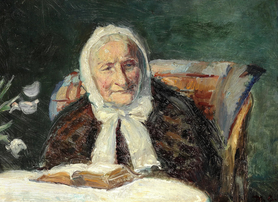 Interieur mit Ane Bründum, der Schwiegermutter des Künstlers, beim Bibellesen. – Michael Peter Ancher