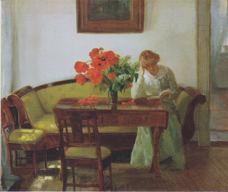 Interieur mit Mohnblumen und einer lesenden Frau (Lizzy Hohlenberg) - Anna Ancher