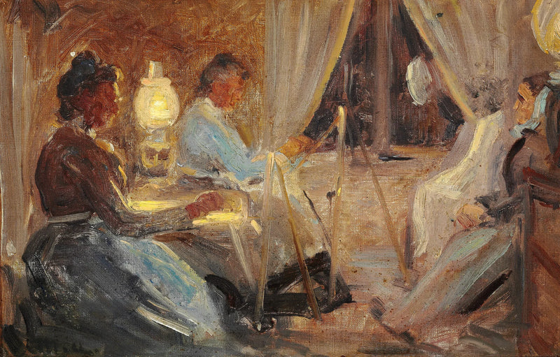 Interieur mit zwei Frauen, die ein Porträt von Frau Ane Bründum malen. – Michael Peter Ancher