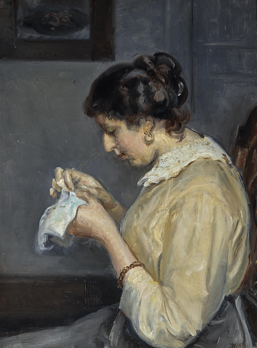 Innenansicht mit Henny Brodersen beim Sticken. - Michael Peter Ancher