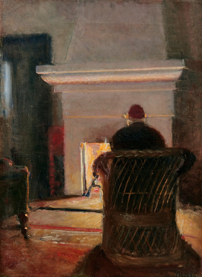 Interieur mit Holger Drachmann am Kamin der Villa Pax, Skagen. -Michael Peter Ancher