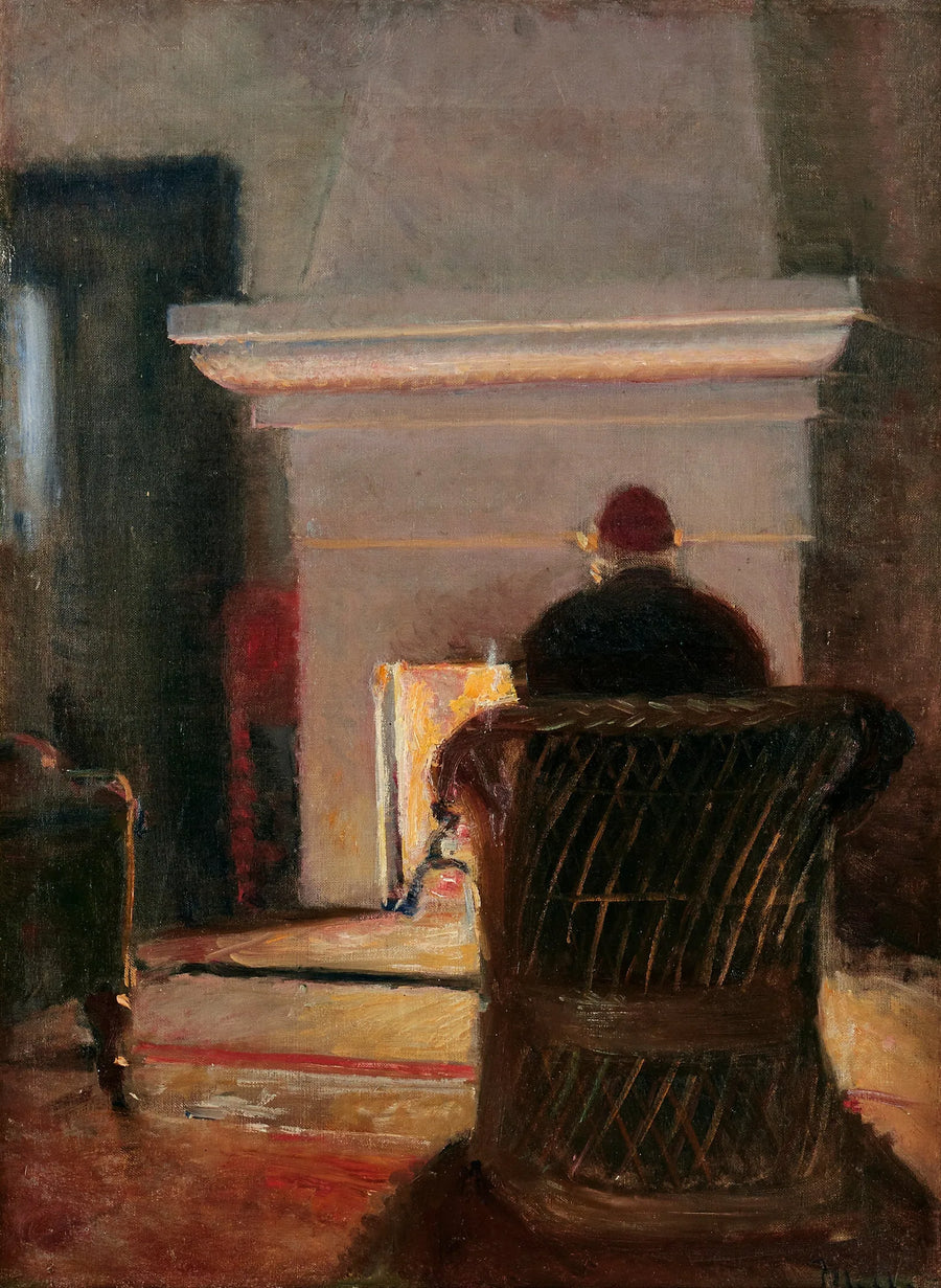 Interieur mit Holger Drachmann am Kamin der Villa Pax, Skagen. -Michael Peter Ancher