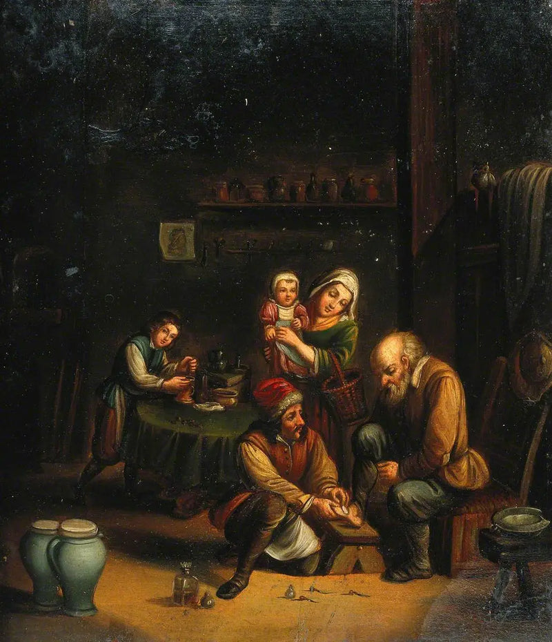 Interieur mit einem Chirurgen, der den Fuß eines Mannes behandelt, und drei weiteren Figuren - David Teniers der Jüngere