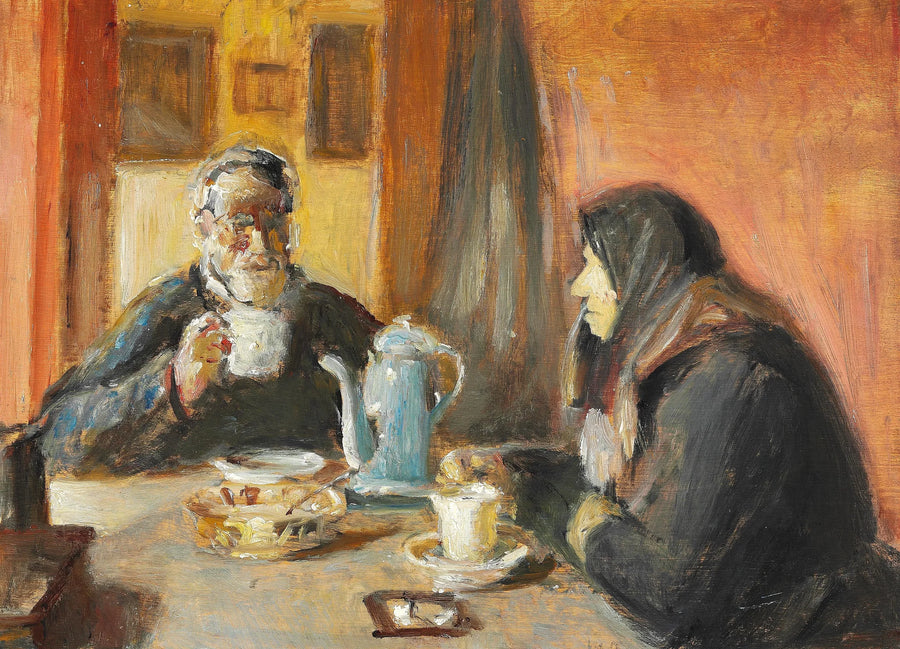 Interieur mit einem älteren Ehepaar beim Kaffeetrinken. – Michael Peter Ancher