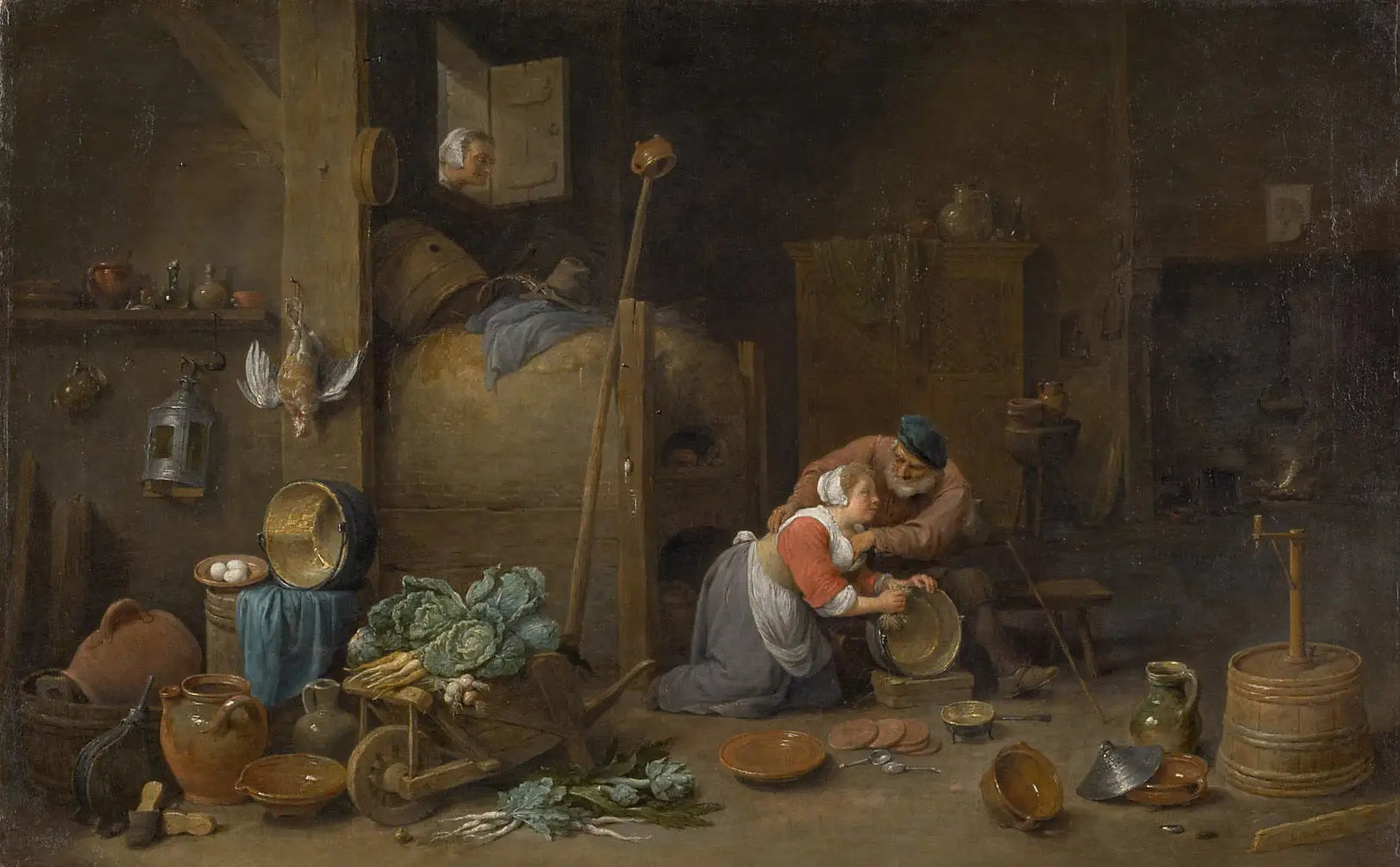 Intérieur avec un vieil homme pelotant une femme de ménage - David Teniers le Jeune image 1 copie de tableau peinte à la main