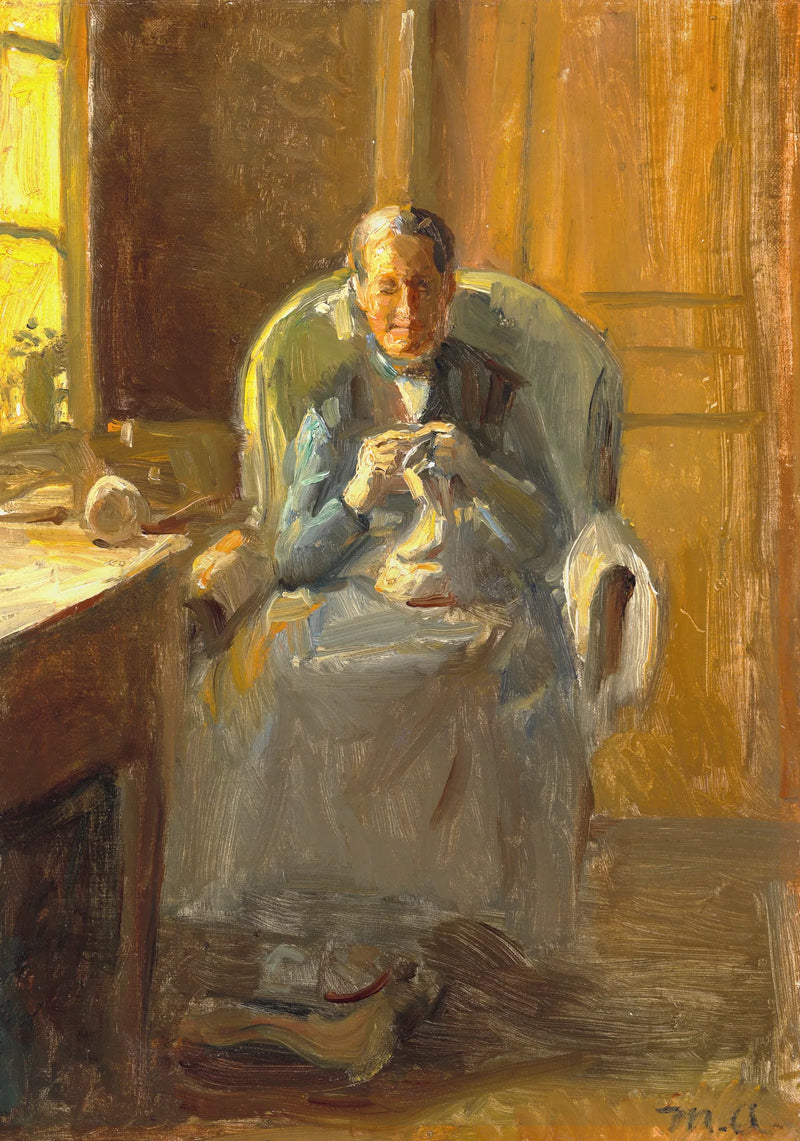 Interieur mit einer Frau, die am Fenster in der Sonne strickt. – Michael Peter Ancher