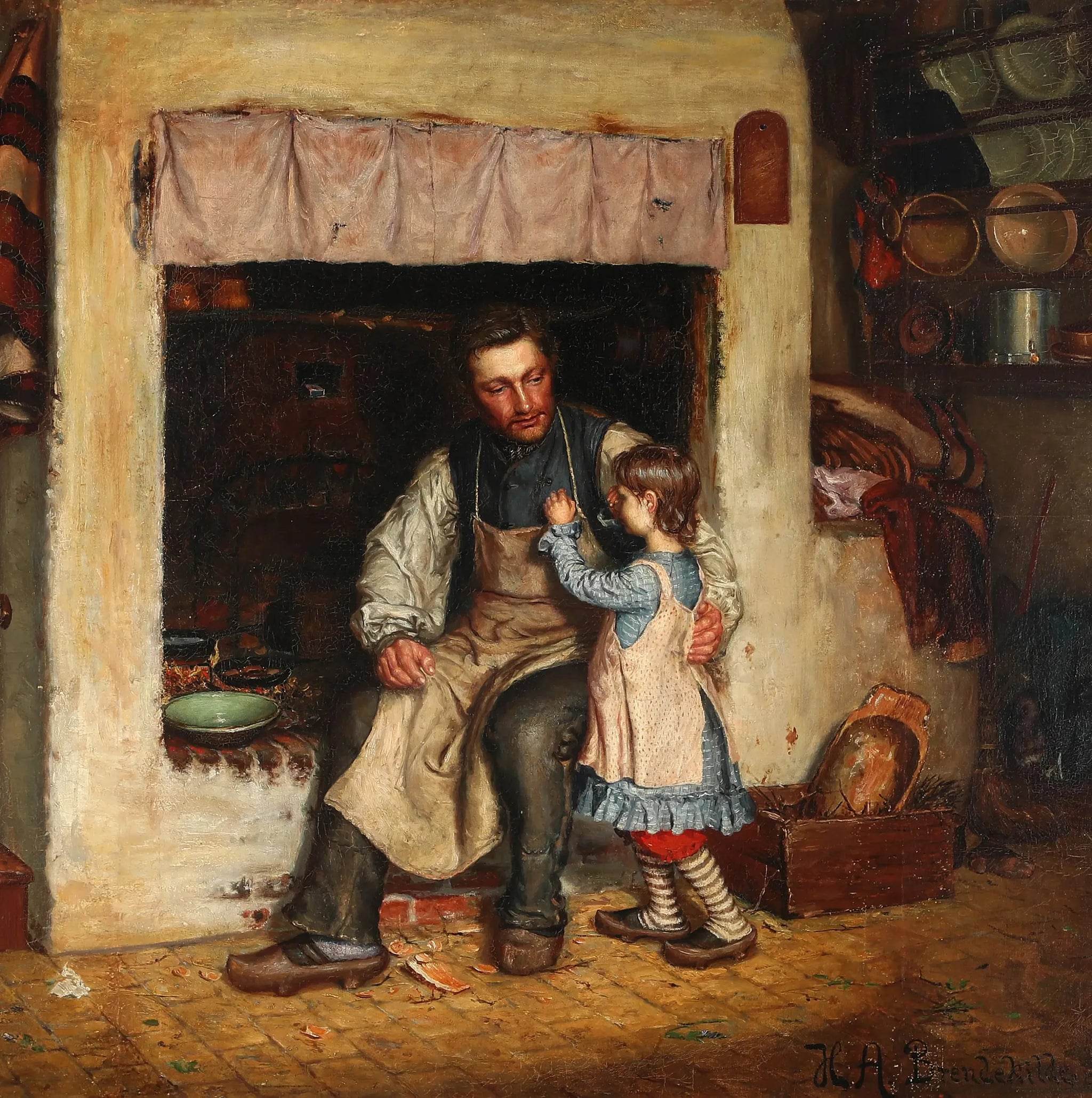Intérieur d'une cuisine avec une petite fille et un homme. - H. A. Brendekilde image 1 copie peinte à la main à l’huile