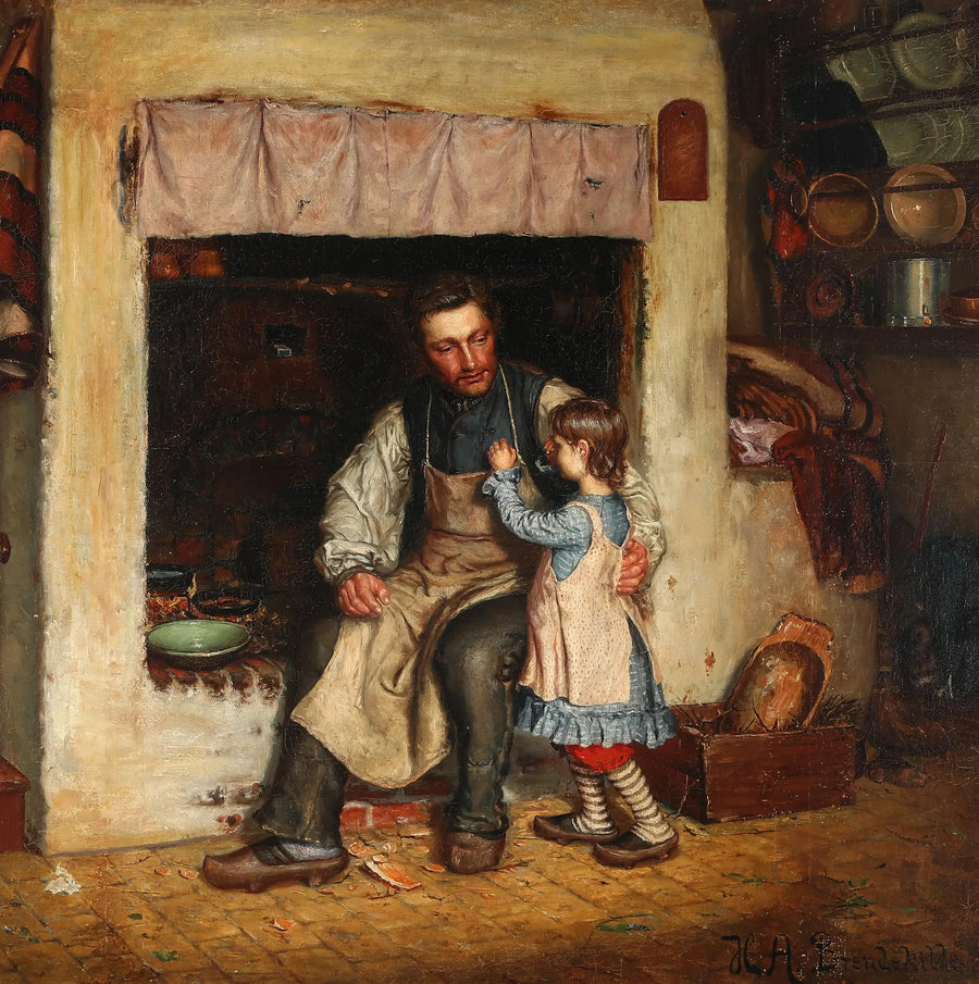 Innenraum einer Küche mit einem kleinen Mädchen und einem Mann. - H. A. Brendekilde