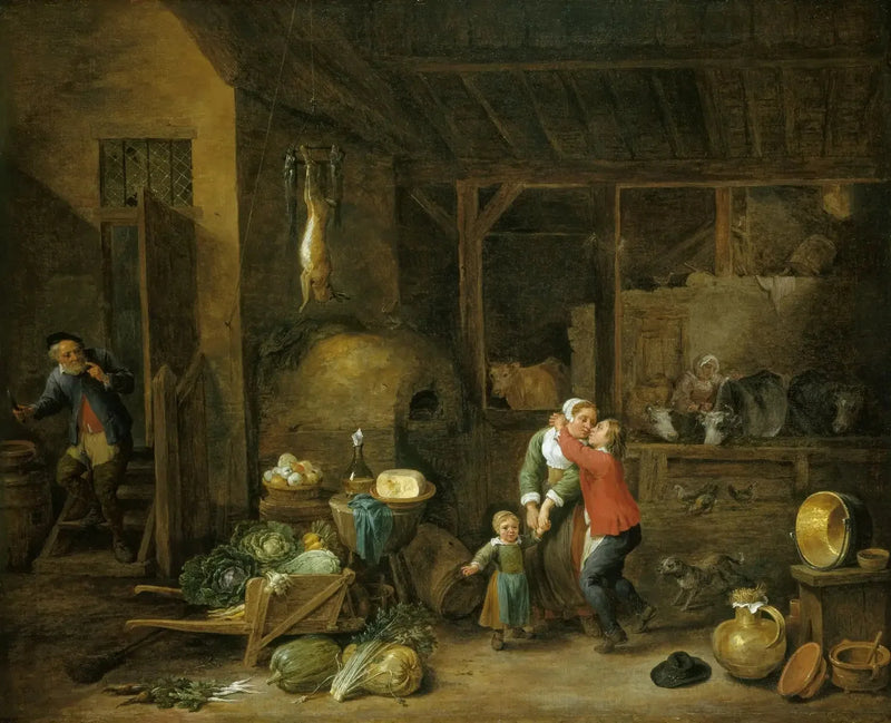 Innenraum eines Familienhauses mit Figuren („Der gestohlene Kuss“) - David Teniers der Jüngere