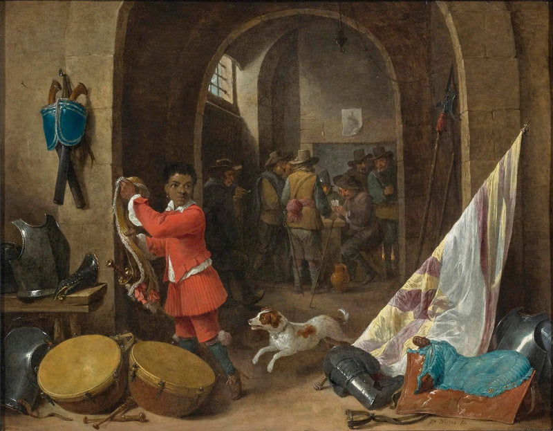 Innenraum eines Wachsaals mit einem schwarzen Diener neben einem Stillleben eines Sattels, einer Fahne, Trommeln und Rüstungen; Soldaten, die im Hintergrund Karten spielen - David Teniers der Jüngere