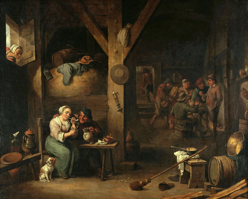 Innenraum einer Taverne mit einer Frau, die raucht, und einem Mann, der ihr ein Glas anbietet, unter dem Blick einer alten Frau - David Teniers der Jüngere