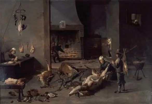 Innenraum einer Küche mit Köchen, die Wild jagen - David Teniers der Jüngere