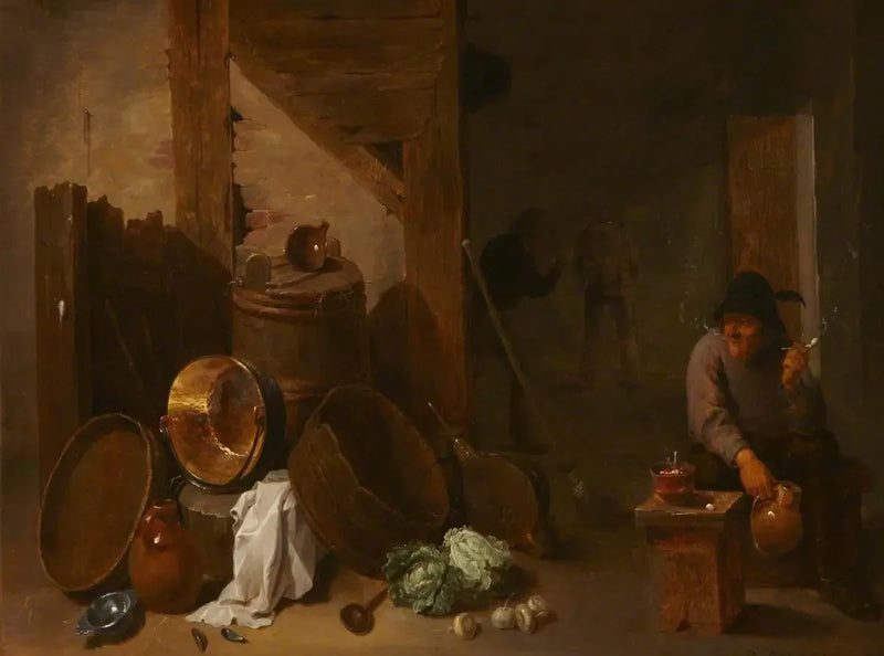 Innenraum einer Küche mit Toper und anderen Bauern in der Ferne - David Teniers der Jüngere