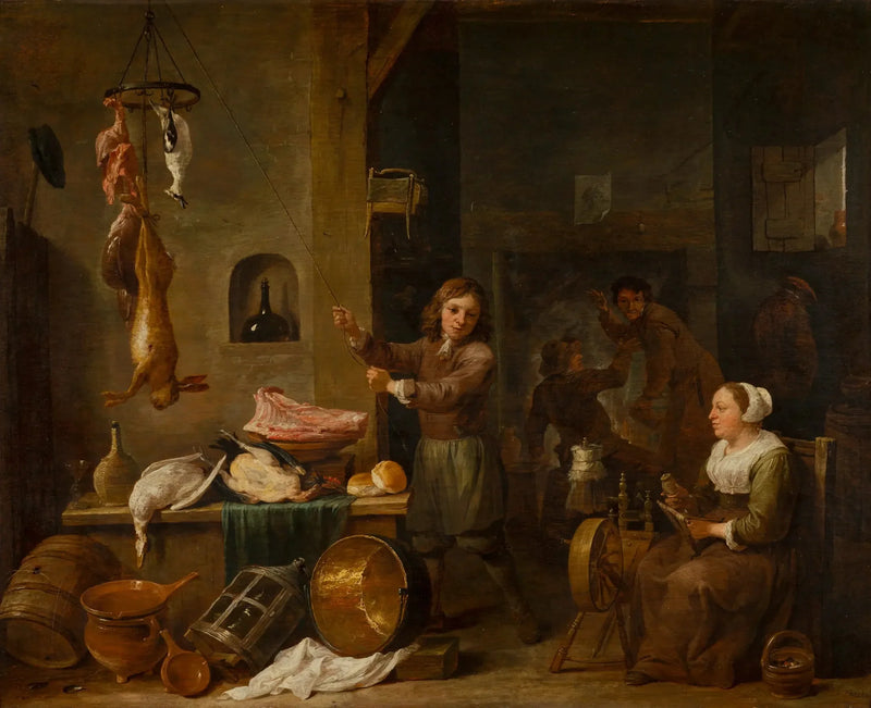 Innenraum einer Küche mit einem Jungen und einer Frau mit einem Spieltisch - David Teniers der Jüngere
