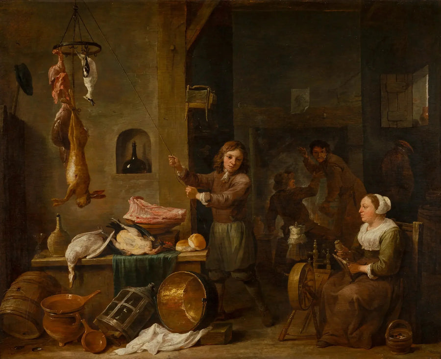 Innenraum einer Küche mit einem Jungen und einer Frau mit einem Spieltisch - David Teniers der Jüngere