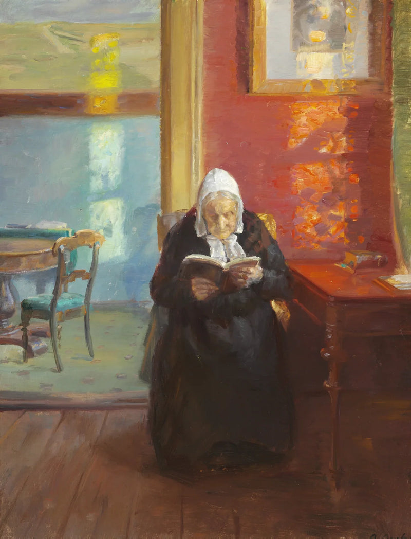 Innenansicht des roten Zimmers mit der Mutter der Künstlerin, Ane Bründum, beim Lesen – Anna Ancher