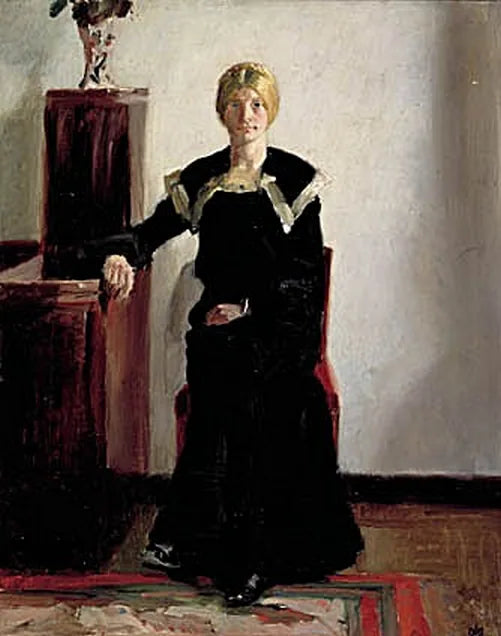 Innenansicht des Hauses des Künstlers. Dargestellt ist eine junge Frau in einem schwarzen Kleid. – Michael Peter Ancher