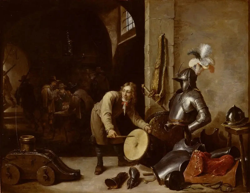 Inneres des Wachsaals mit einem jungen Mann, der ein Tamburin hält - David Teniers der Jüngere