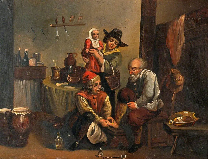 Innenraum einer medizinischen Praxis mit einem Chirurgen, der den Fuß eines Mannes behandelt, und einer Frau und einem Kind, die zuschauen - David Teniers der Jüngere