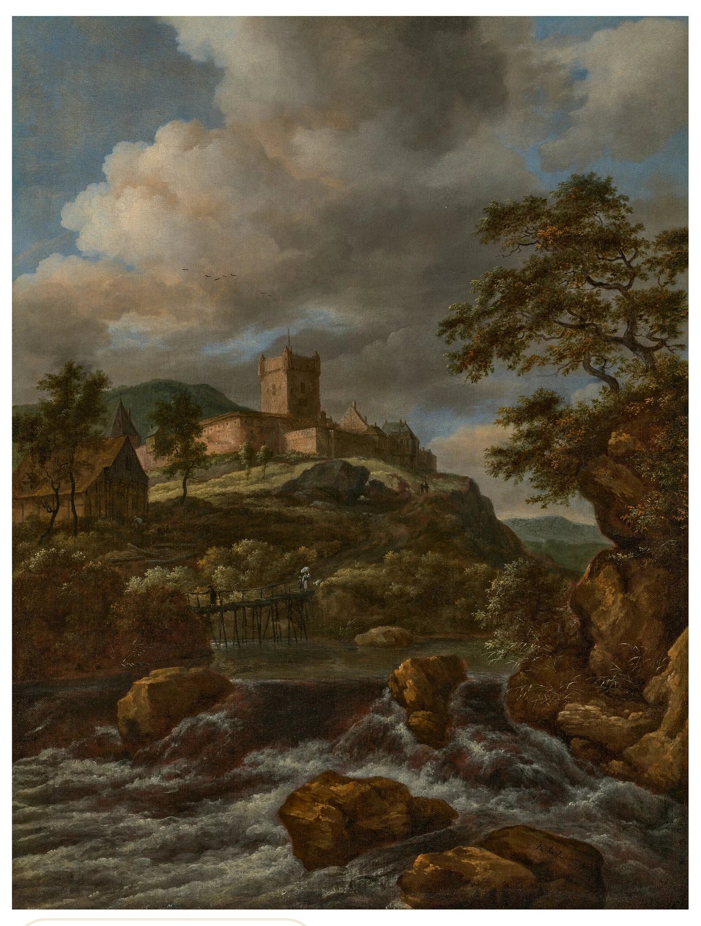 Cascade avec voyageurs sur une passerelle, peinture de Jacob van Ruisdael