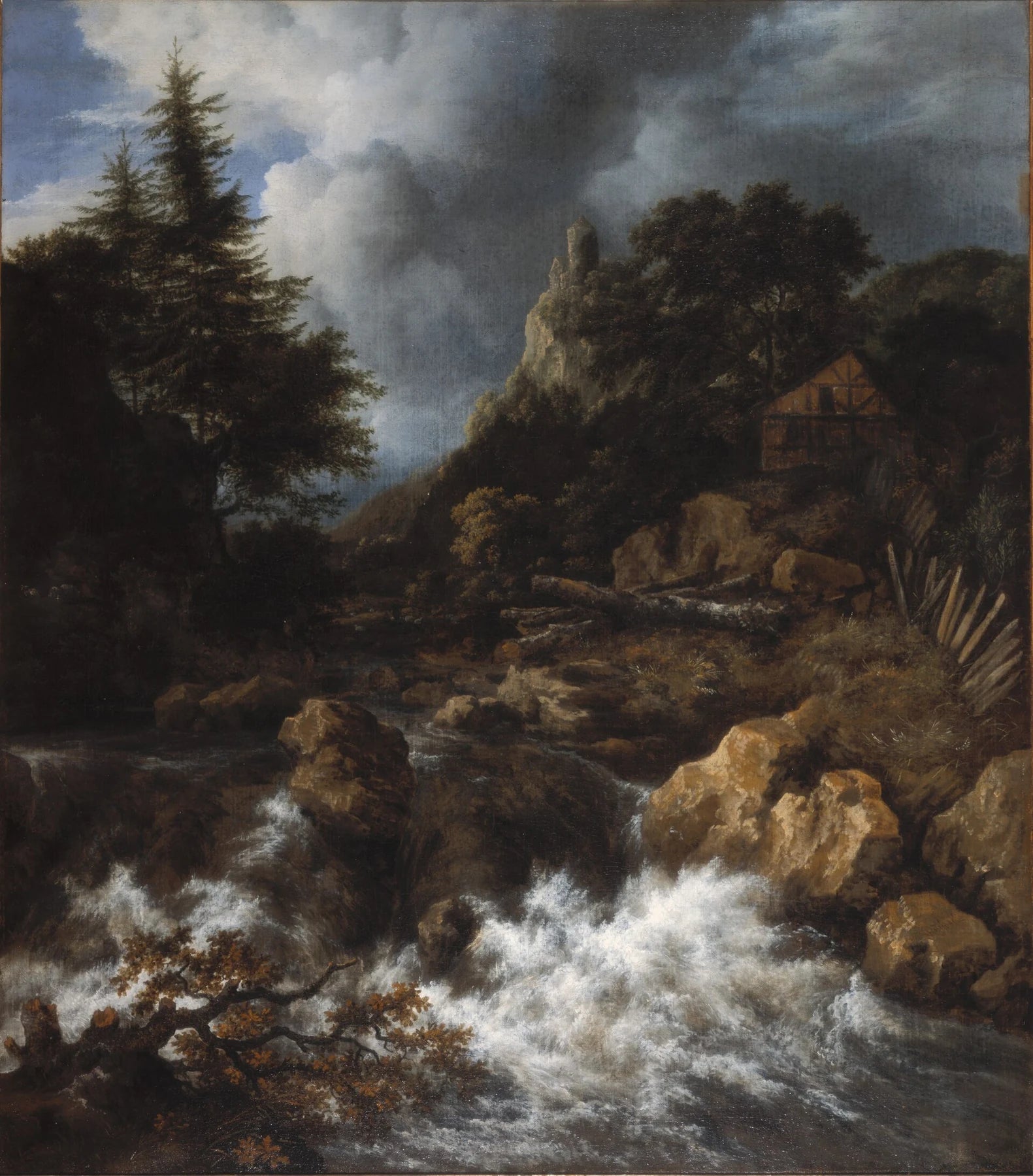 Cascade avec maison à colombages et château, peinture de Jacob van Ruisdael