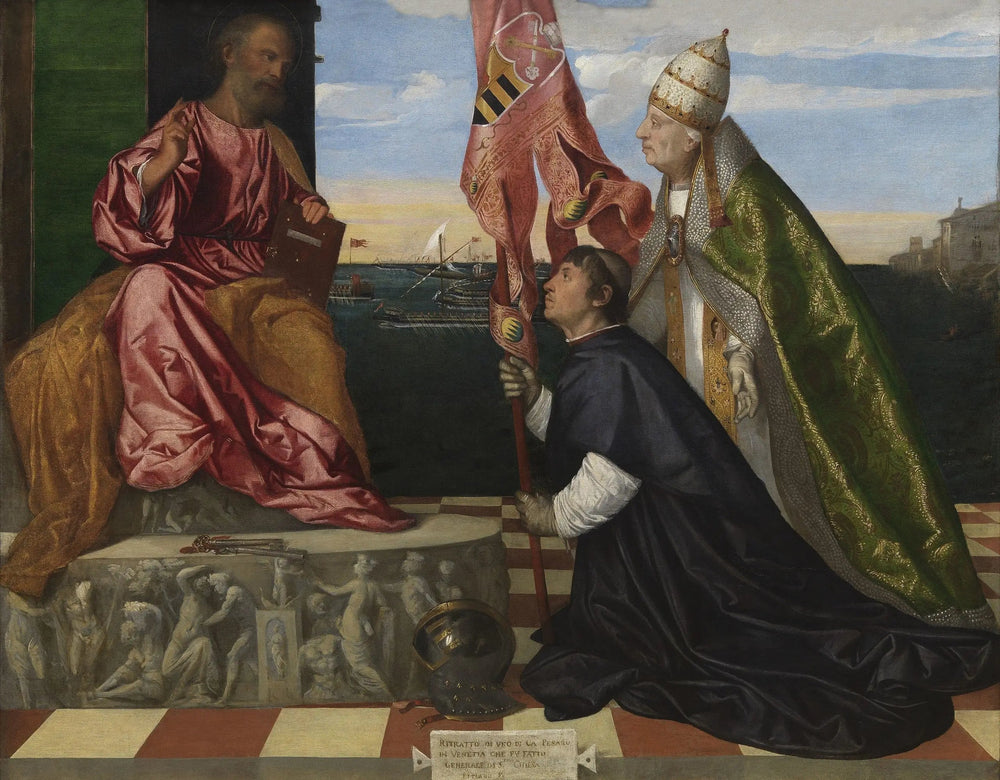 Jacopo Pesaro présentant le pape Alexandre VI à saint Pierre - Titian image 1 copie de tableau peinte à la main