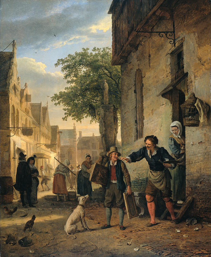 Jan Steen envoie son fils dans la rue pour échanger des tableaux contre de la bière et du vin - Ignatius van Regemorter