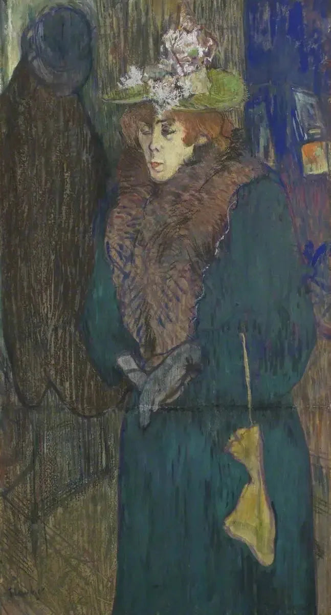 Jane Avril im Eingang des Moulin Rouge, während sie ihre Handschuhe anzieht - Henri de Toulouse-Lautrec