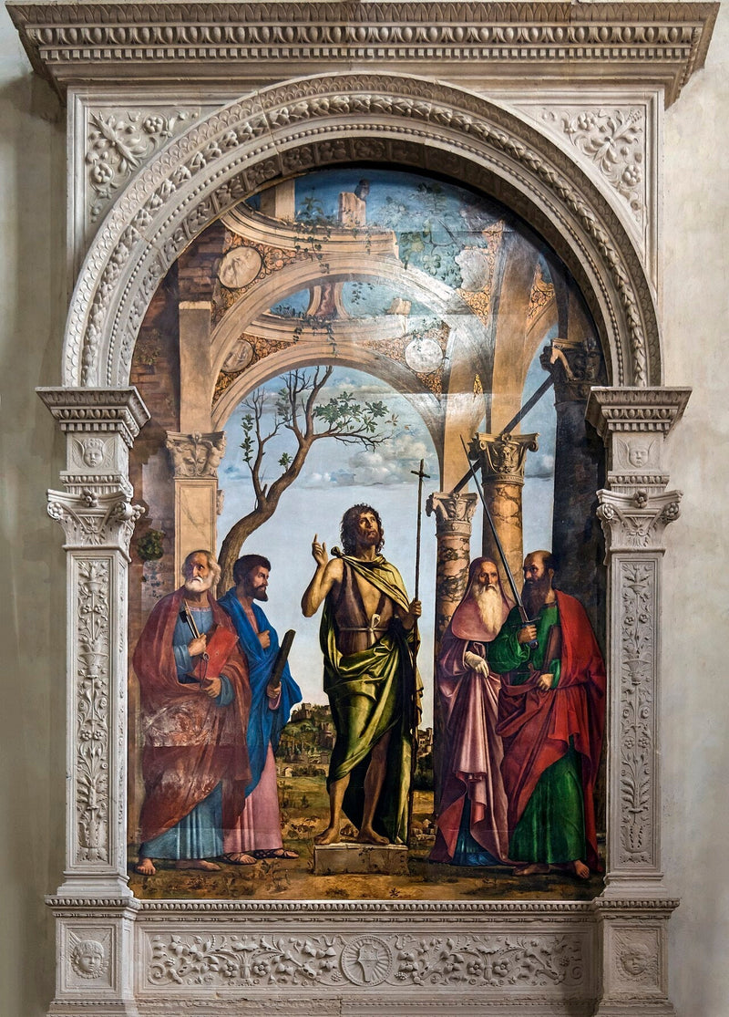 Jean-Baptiste unter den Heiligen Petrus, Markus, Hieronymus und Paulus - Cima da Conegliano