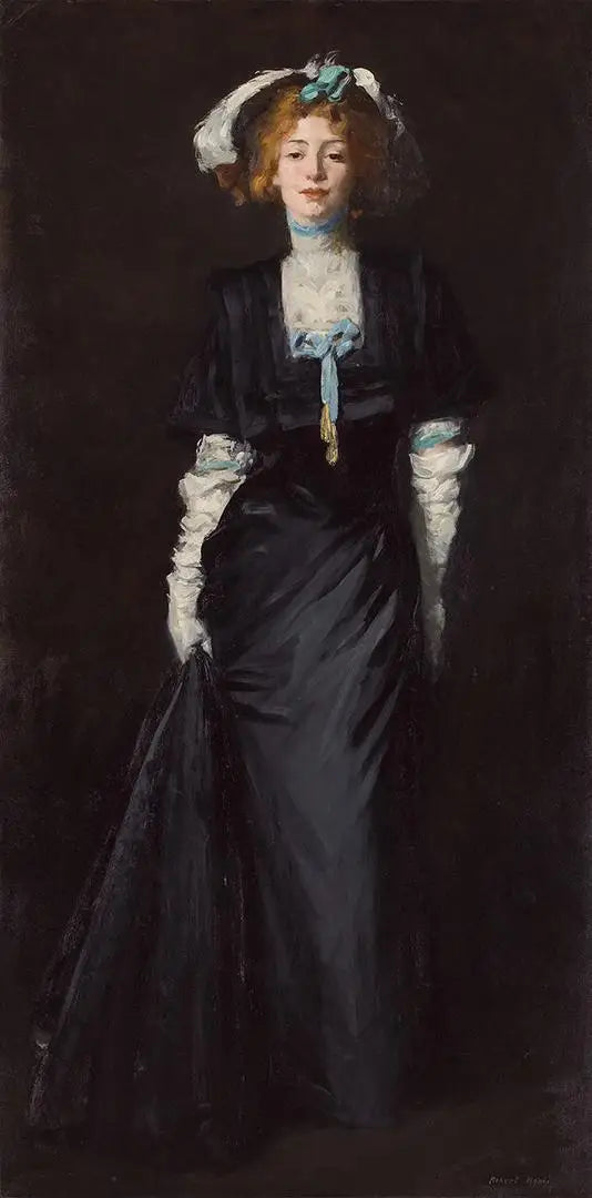 Jessica Penn en noir avec des plumes blanches - Robert Henri image 1 reproduction d’œuvre d’art à l’huile