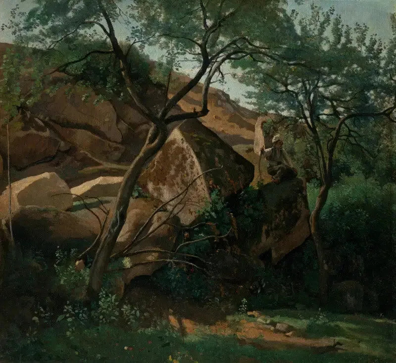 Jeune berger parmi les rochers (Forêt de Fontainebleau) - Jean-Baptiste Camille Corot image 1 reproduction de peinture à l’huile
