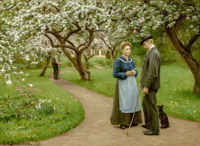 Junges Paar unter blühenden Obstbäumen im Frühling. - H. A. Brendekilde