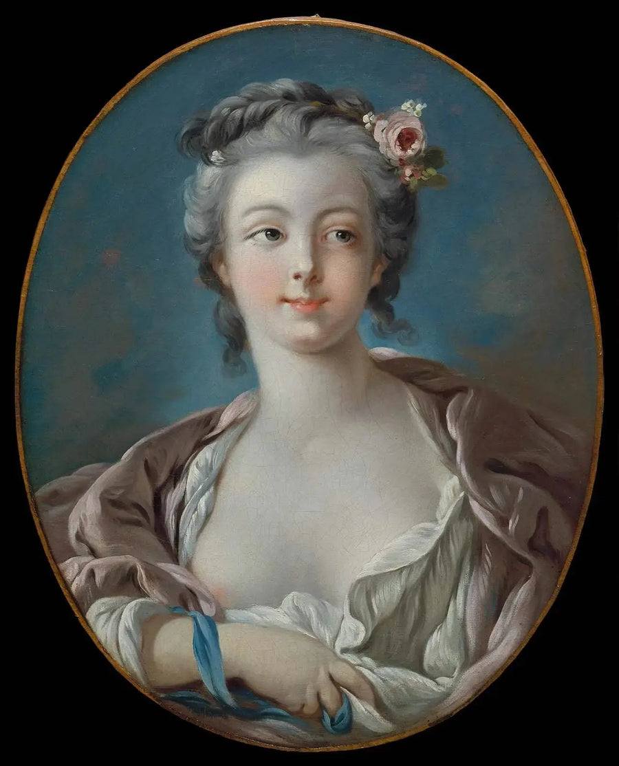 Junge Frau mit Blumen im Haar, fälschlicherweise als Porträt von Madame Boucher bezeichnet - François Boucher