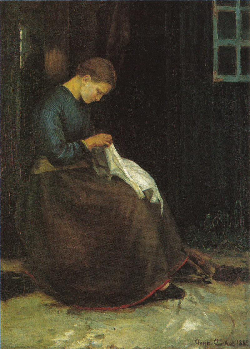 Junge Frau mit ihrer Näharbeit vor der Haustür – Anna Ancher