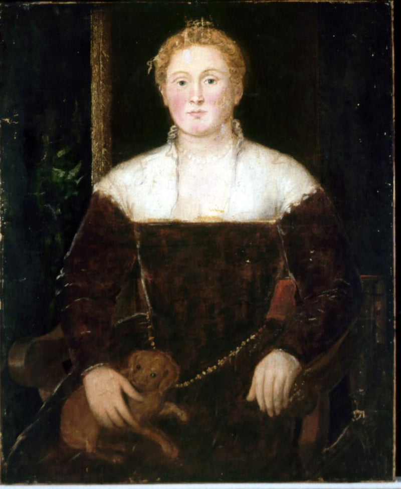 Junge Frau mit einem kleinen Hund, vielleicht ein Mitglied der Familie Soranzo - Jacopo Tintoretto
