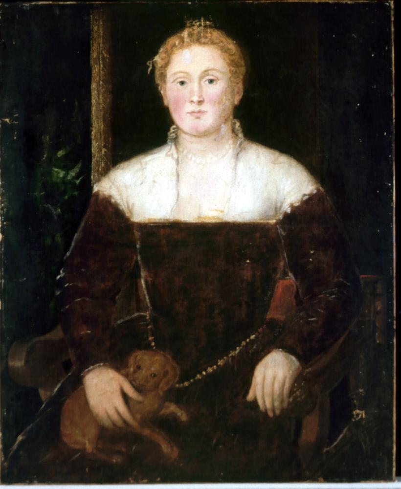 Junge Frau mit einem kleinen Hund, vielleicht ein Mitglied der Familie Soranzo - Jacopo Tintoretto
