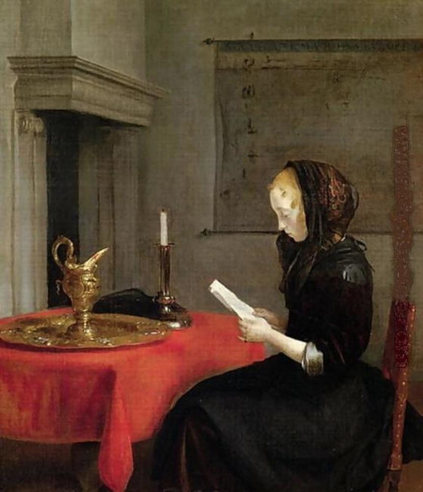 Jeune Femme en tenue de deuil, lisant une lettre - Gerard ter Borch image 1 copie peinte à la main à l’huile