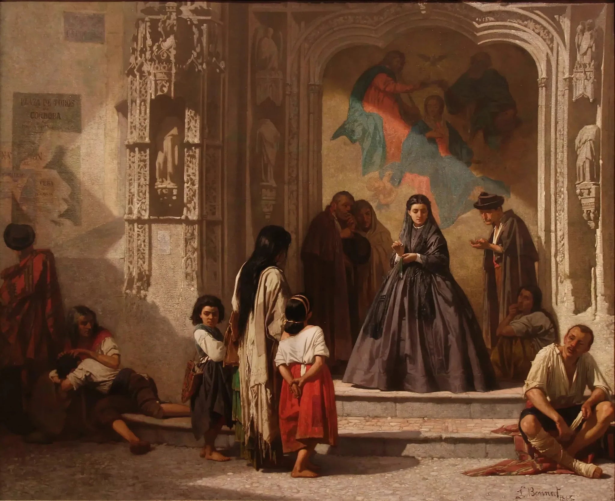 Jeune femme faisant la charité à l'entrée de la chapelle de l'hôpital Saint-Sébastien à Cordoue - Léon Bonnat image 1 reproduction artisanale de tableau