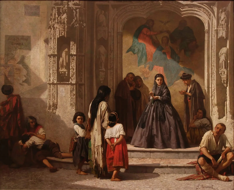 Junge Frau, die am Eingang der Kapelle des Krankenhauses Saint-Sébastien in Córdoba wohltätig ist - Léon Bonnat
