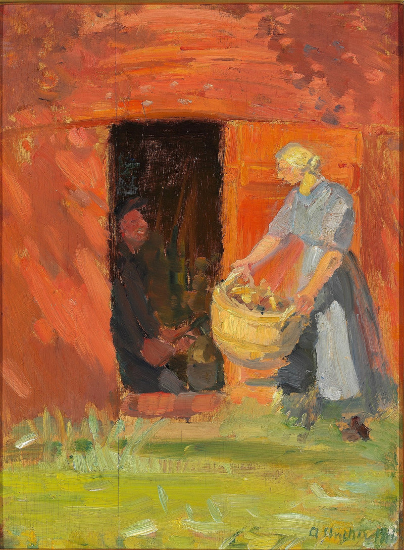 Junge Frau trägt Wäsche vor einem roten Haus in Skagen. – Anna Ancher