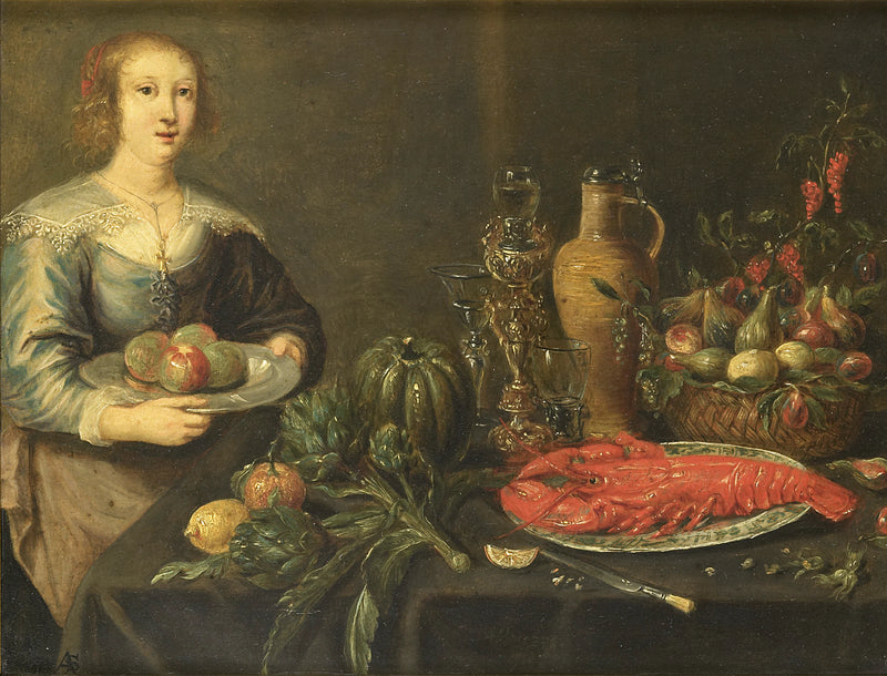 Une jeune femme à une table avec des fruits - Anon
