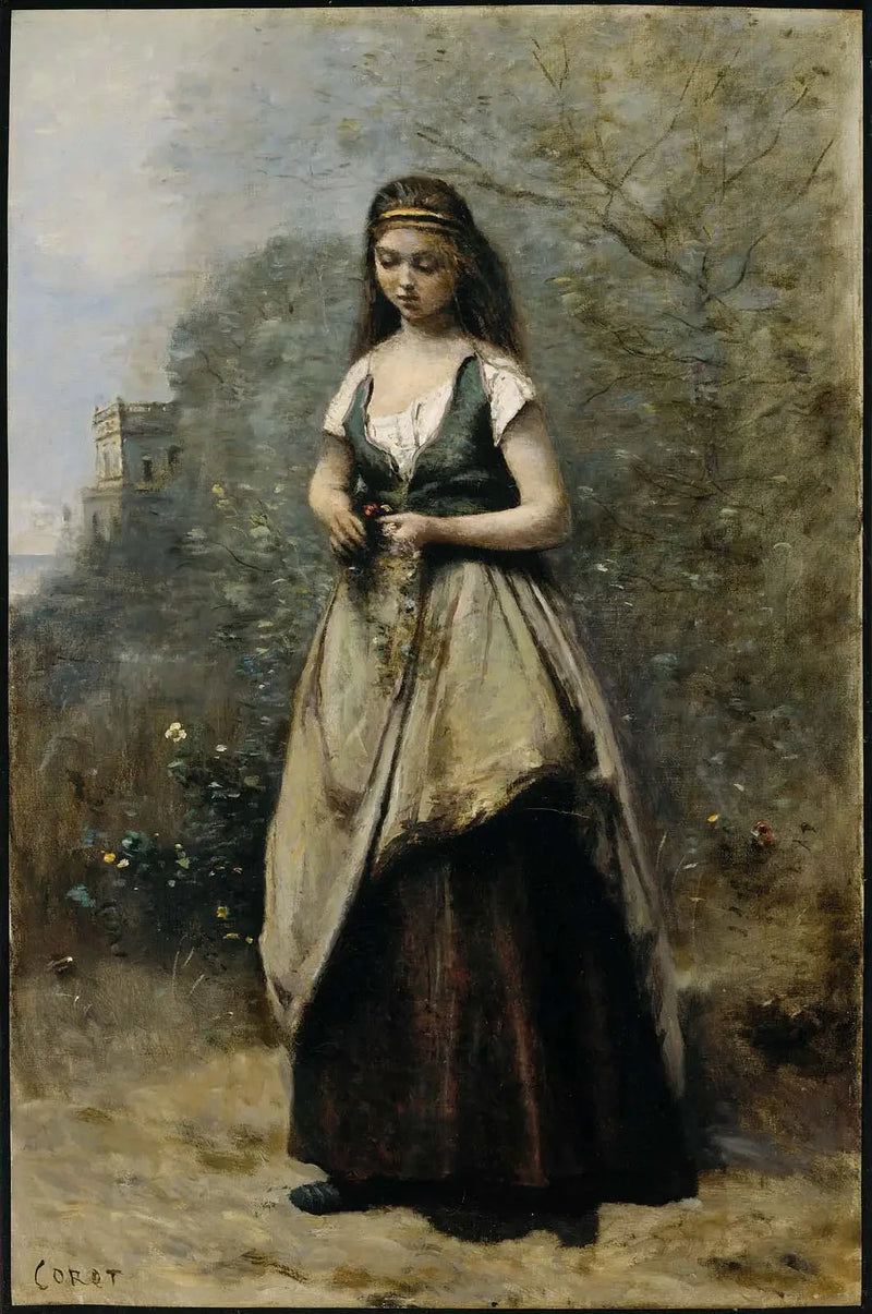 Junge Frau webt einen Blumenkranz - Jean-Baptiste Camille Corot