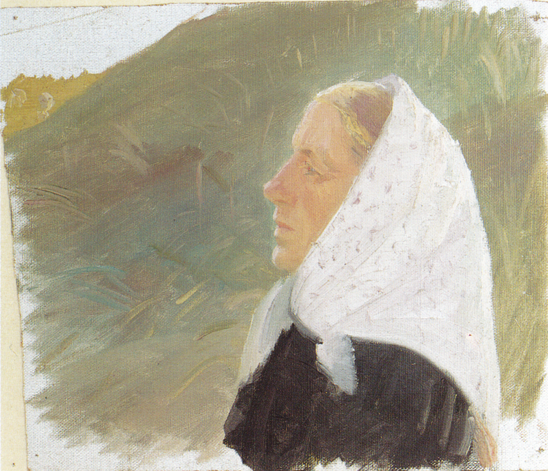 Junge Frau in Schwarz und mit weißem Kopftuch, die in den Dünen sitzt – Anna Ancher